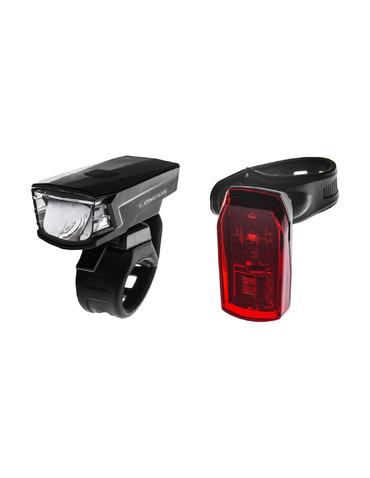 КОМПЛЕКТ: Світло Longus SINGLE переднє+заднє 1+1LED, 2ф-ції/2ф-ції, USB/батарейка, чорний