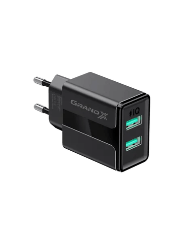 Зарядний пристрій 2X-USB Grand-X CH-15В 2 USB 5V/2.4A з захистом від перенавантаження, чорний