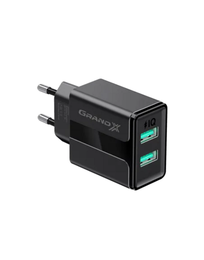 Зарядний пристрій 2X-USB Grand-X CH-15В 2 USB 5V/2.4A з захистом від перенавантаження, чорний